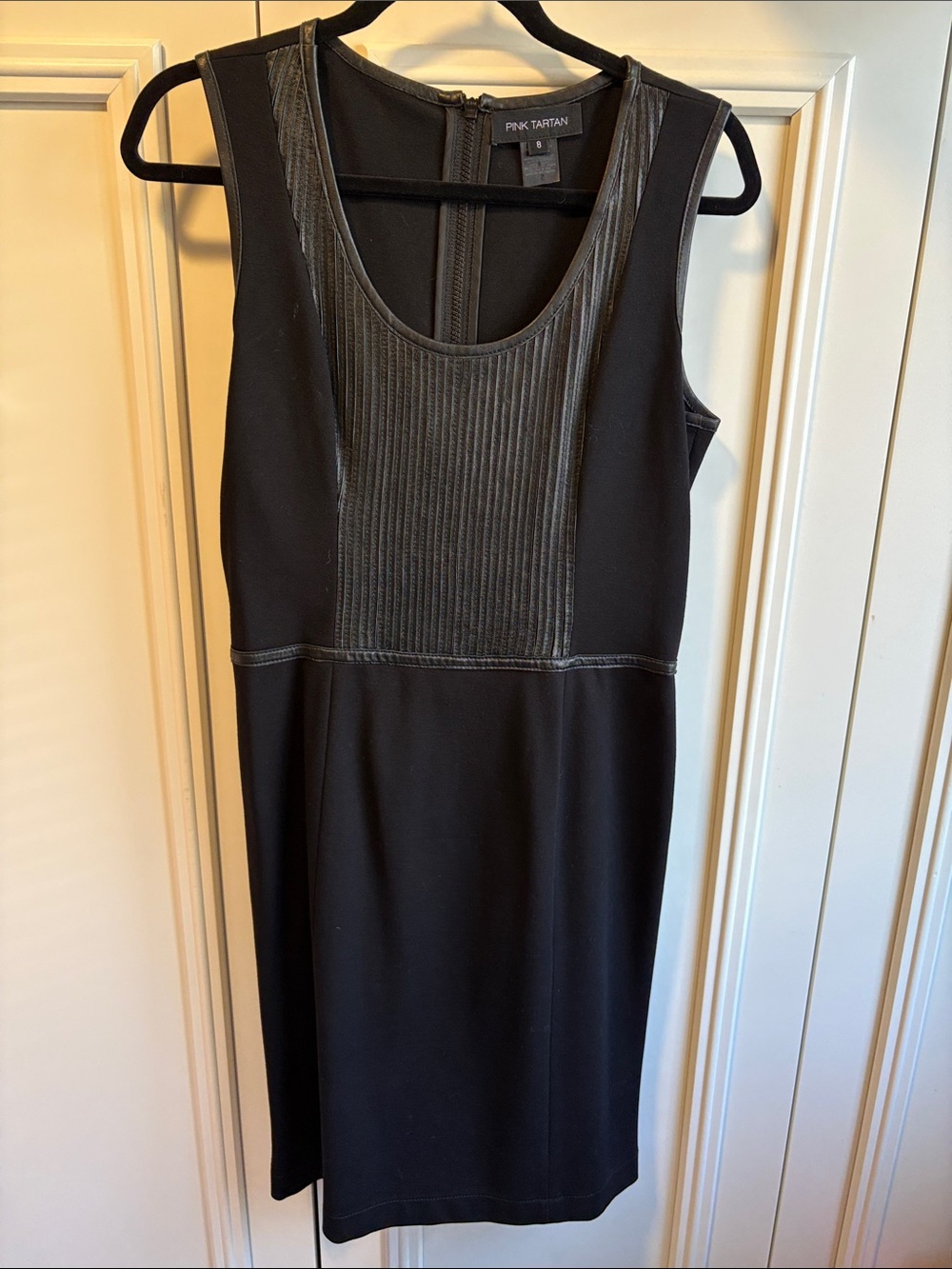 Pink Tartan Black Sleeveless Sheath with Leather Front Panel Detail - size 8
